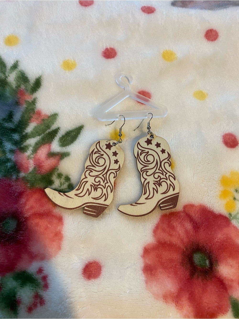 Wooden Cowboy Boot Dangle Earrings - Cream Brown